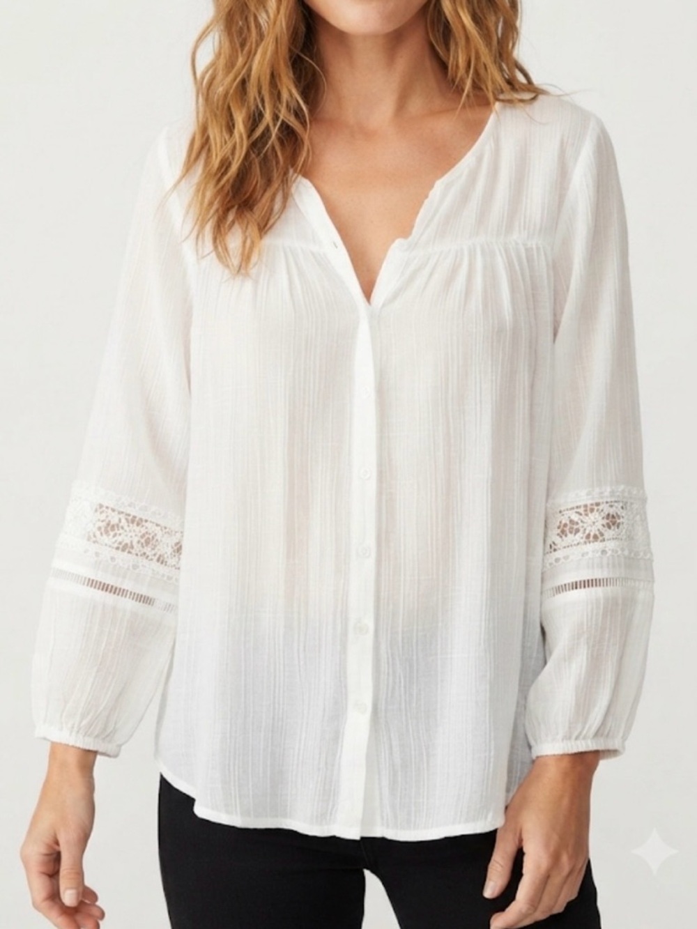 White Button-Front Peasant Blouse S